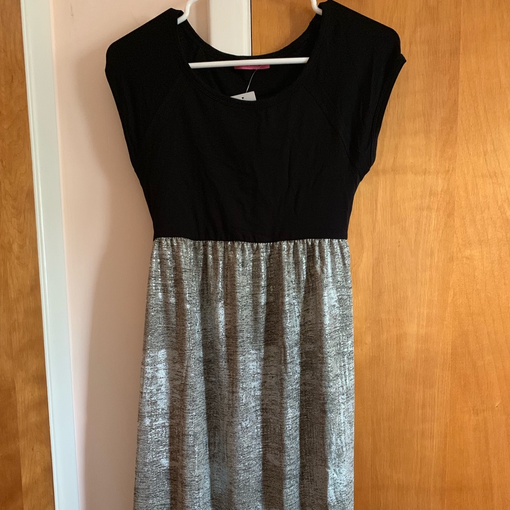 Black Top/Silver Skirt Maternity Dress w/ Sash (S)